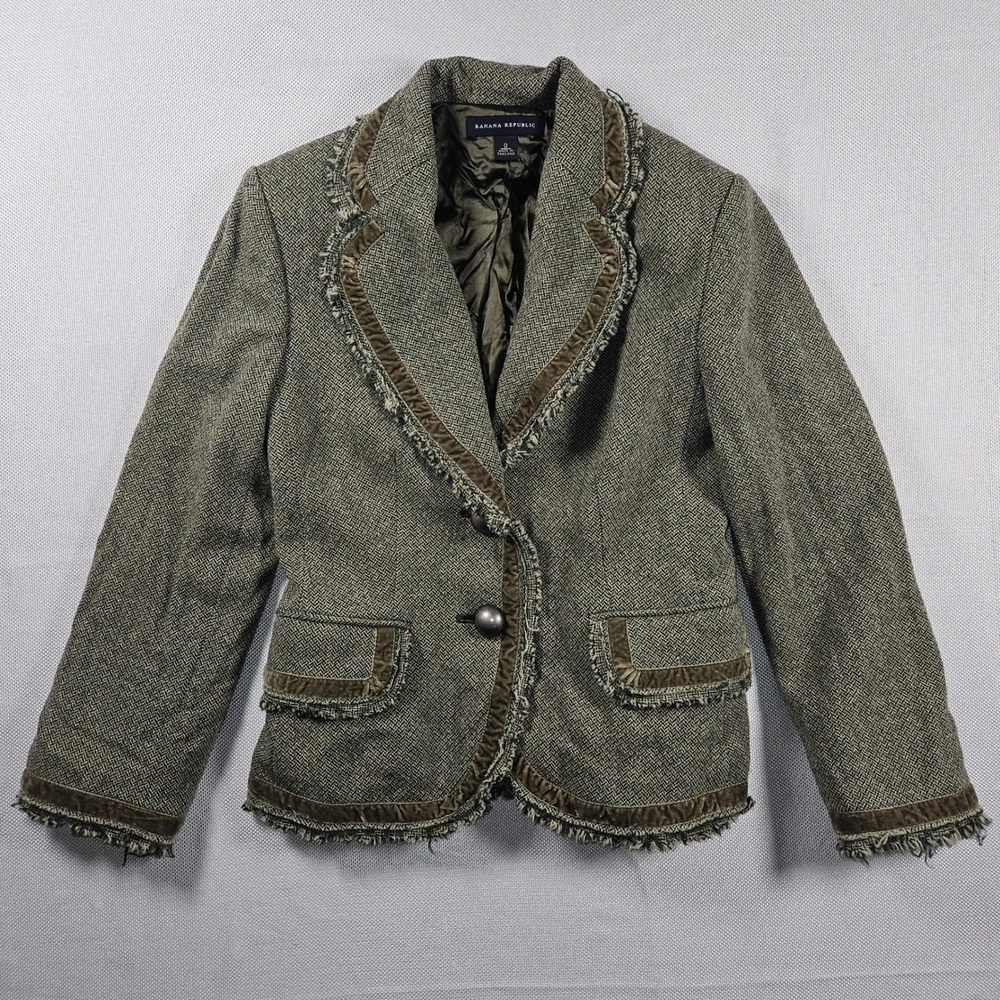 VTG Banana Republic Tweed Blazer Jacket Womens SZ 0 Green Textured Button Front
